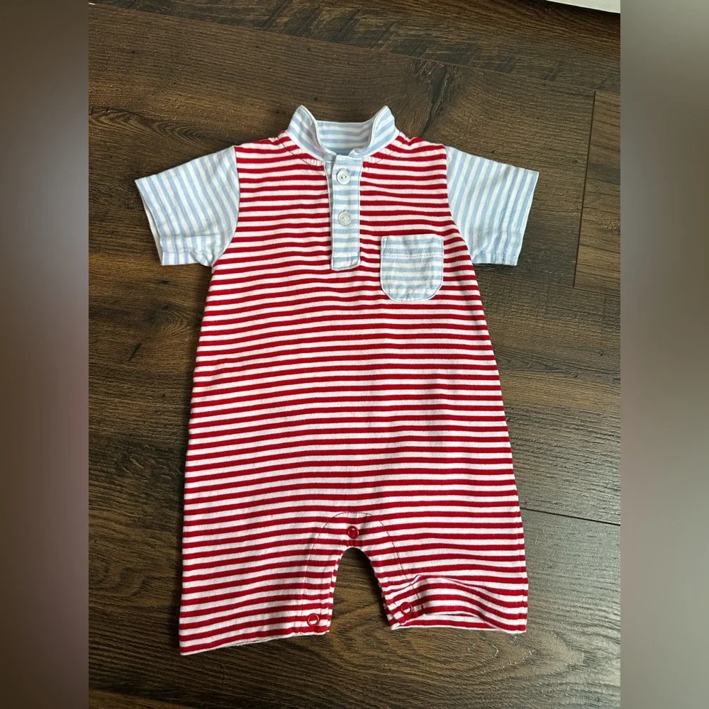 Little English Peter Pan Polo Romper Red and Blue Stripes Size 6 Months